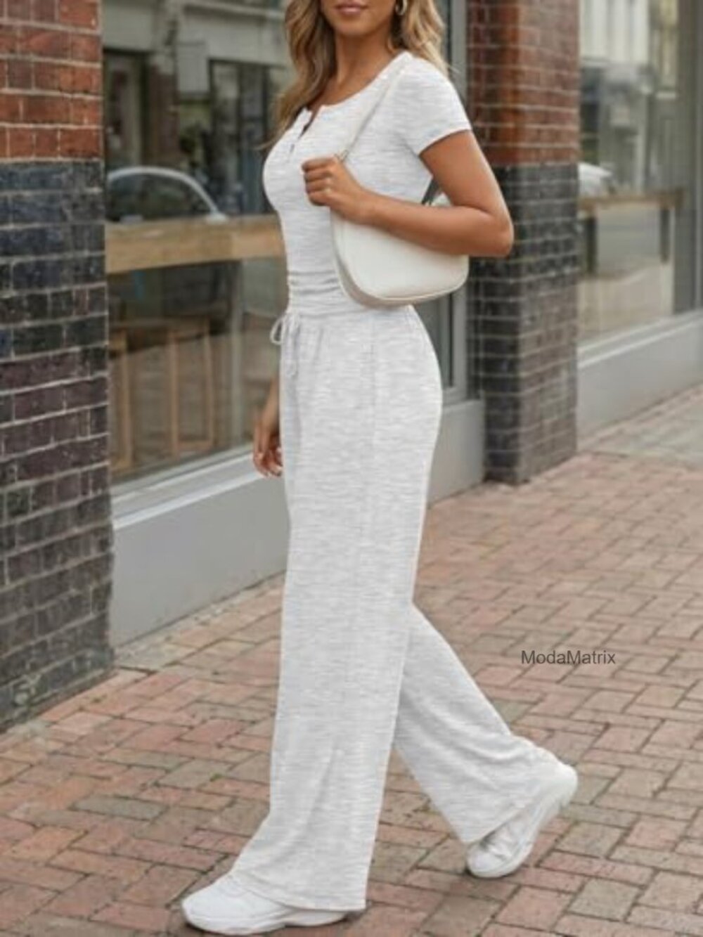 Women's 2 Piece Lounge Set with Pockets Henley Crop Top - Picture 2 of 5